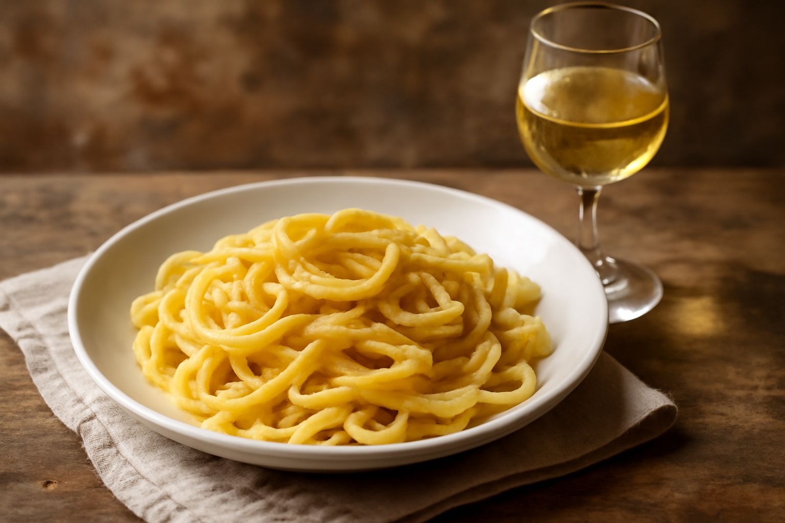 Bottiglia di grappa di Muscat trasparente con liquido giallo paglierino, circondata da chicchi d'uva Muscat bianchi e vinacce scure, su un tavolo di legno naturale