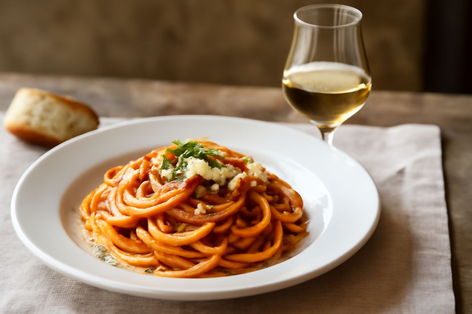 Bicchiere di grappa di Nebbiolo trasparente e dorato, servito in un calice da degustazione, con bottiglie di grappa sullo sfondo e vinacce secche in primo piano