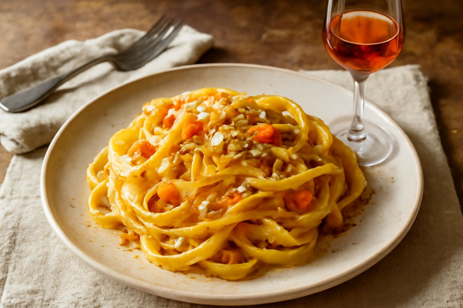 Bicchierino trasparente con grappa dorata e ambrata, posato su un tavolo di legno scuro, con accanto un grappolo di uva bianca Picolit e una bottiglia di vetro sfumato