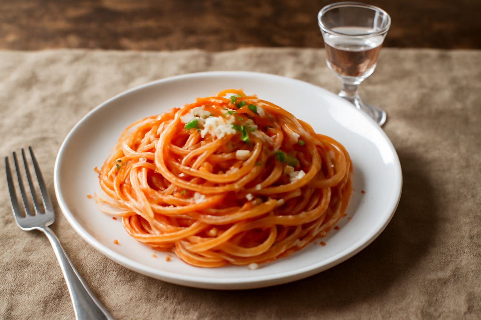 Un bicchiere di grappa di Prosecco trasparente e incolore con base ampia, tenuto in mano, con sfondo sfocato di bottiglie e vinacce scure in un barattolo di vetro