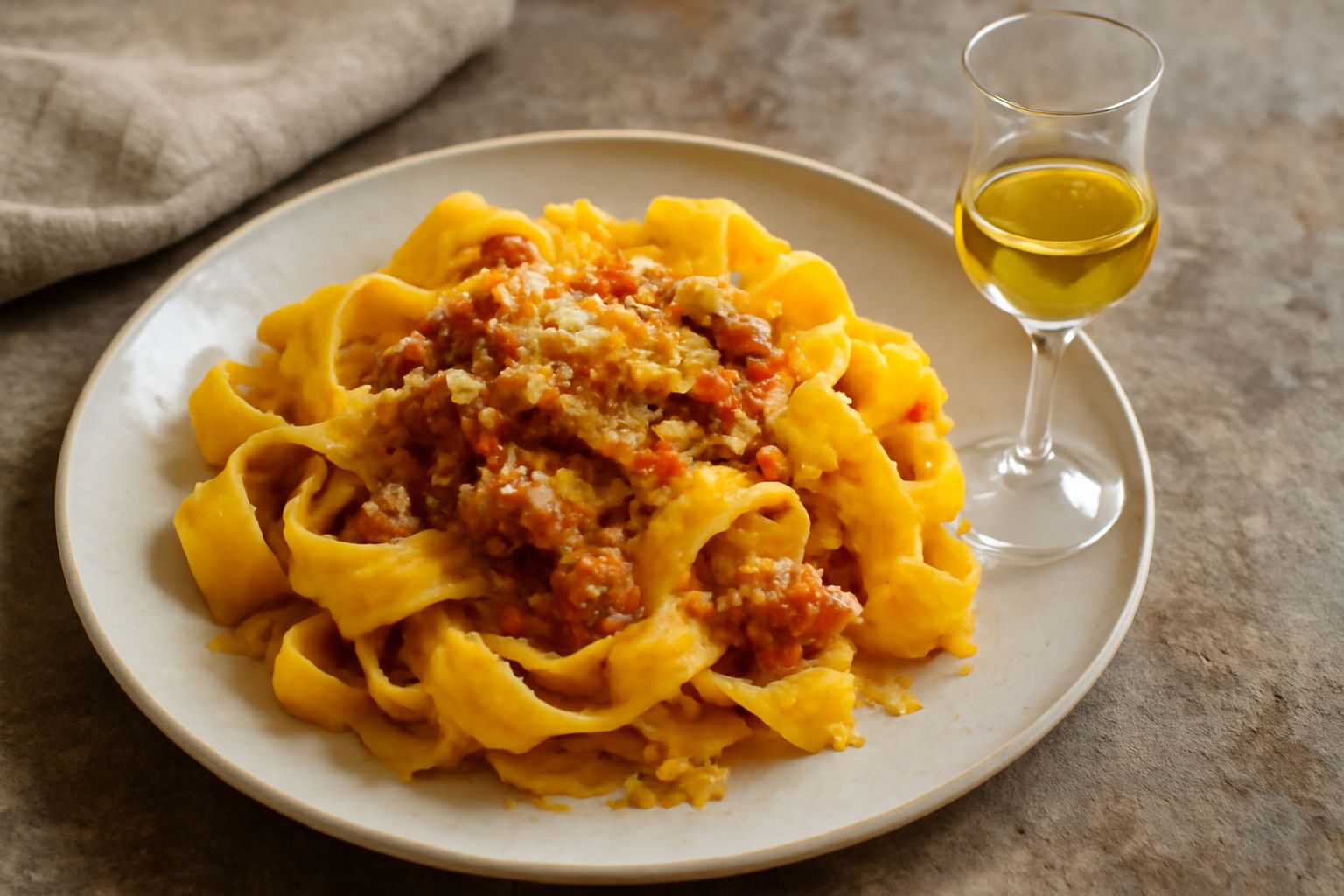 Bicchiere trasparente con grappa di Ramandolo color ambrato chiaro, su fondo scuro di legno, accanto a grappolo d'uva bianca e piccola bottiglia di vetro trasparente con etichetta