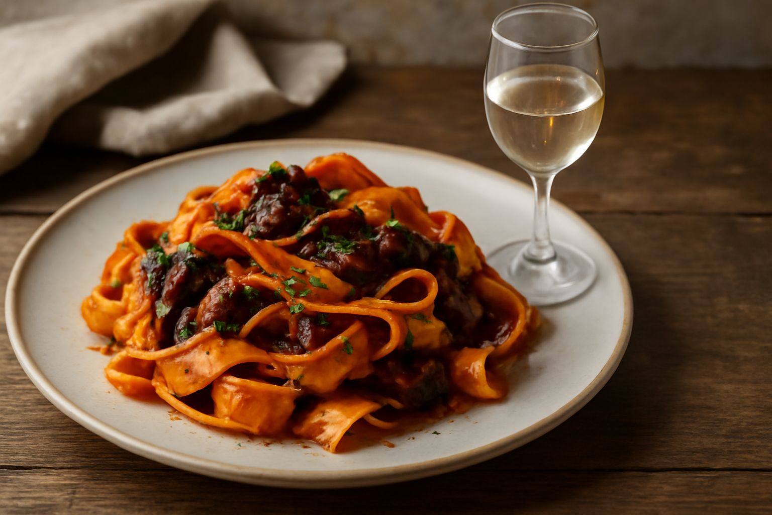 Bicchierino trasparente di grappa incolore su tavolo in legno, con sfondo di grappoli d'uva nera Sagrantino e bottiglie di vetro scuro