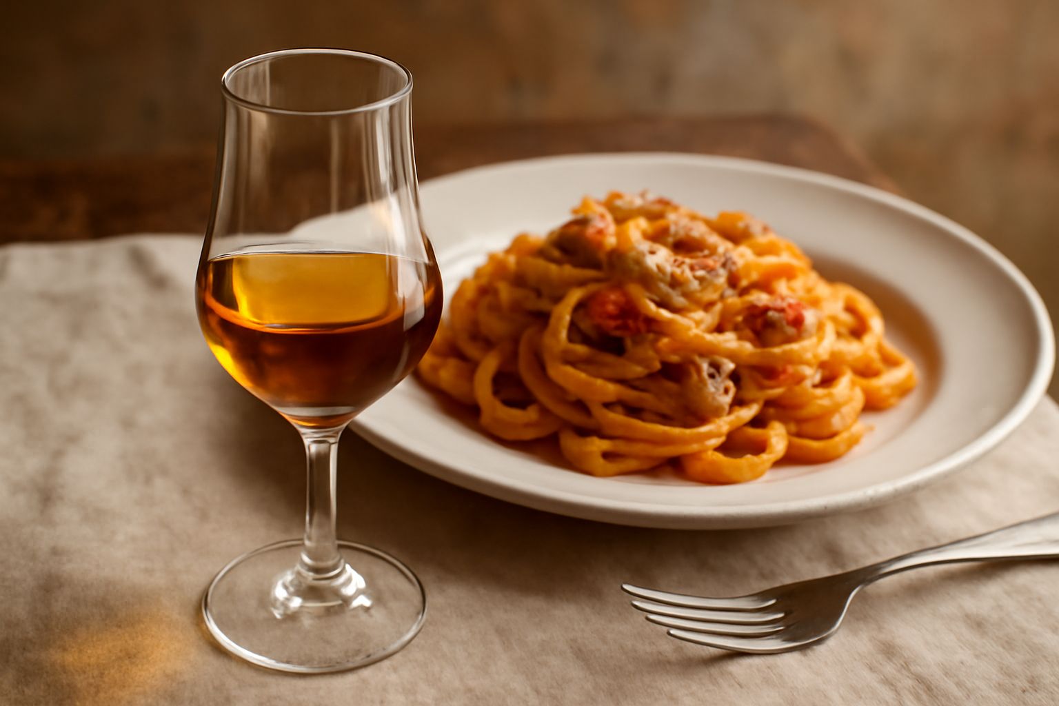 Bicchiere di grappa trasparente e ambrata su tavolo di legno scuro, accanto a grappoli d'uva rossa scura e una bottiglia di vetro trasparente con etichetta beige