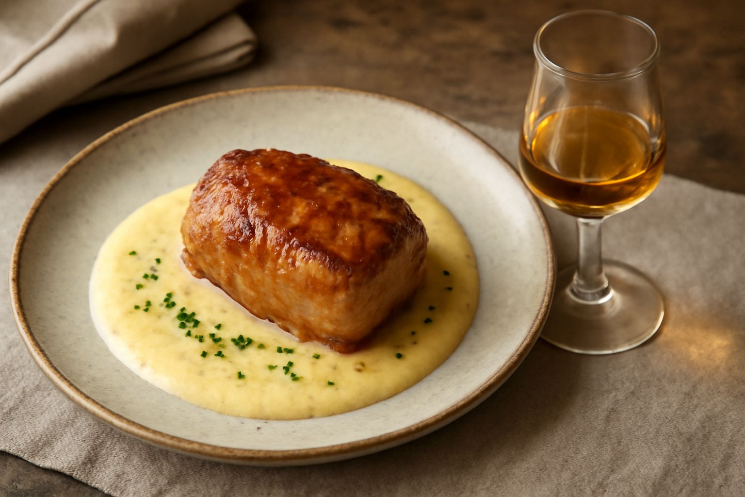 Bicchiere con grappa di Sicilia trasparente o leggermente ambrata, servito freddo su un tavolo di pietra con sfondo di colline sicciliane e vigne