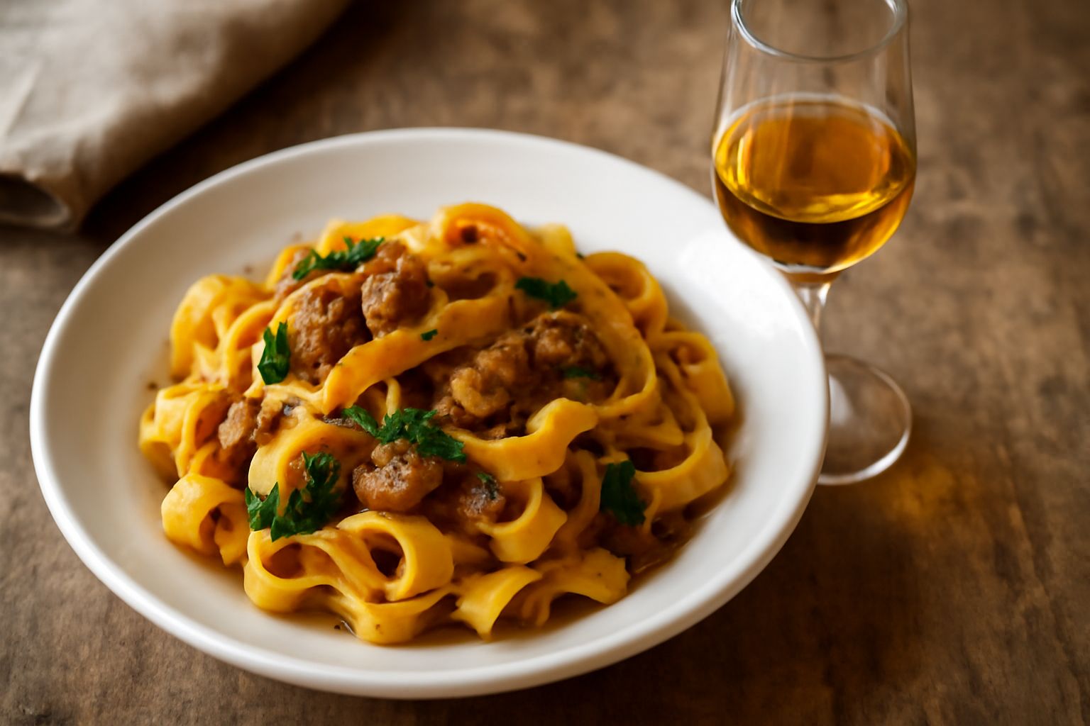 Bicchiere di cristallo con grappa limpida color ambra, contorni sfumati, seduto su tavolo di legno scuro con accanto un grappolo d'uva rossa e una bottiglia di vetro con etichetta trentina