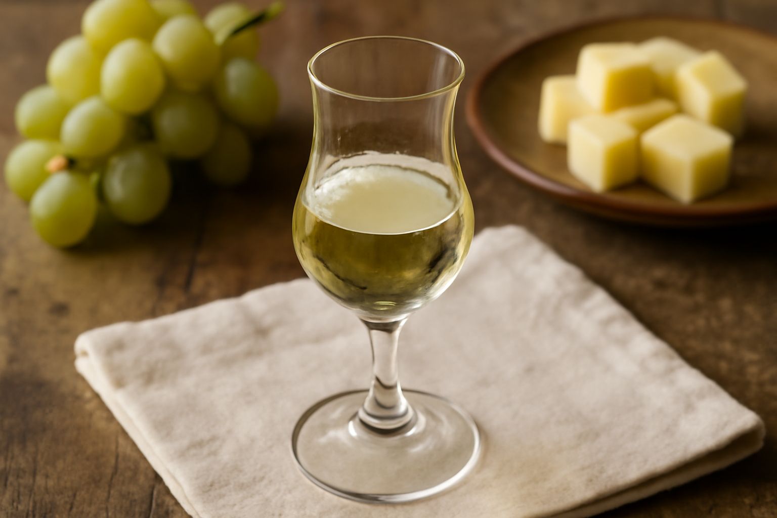 Bicchiere trasparente di grappa ambrata con riflessi dorati, su superficie di legno scuro accanto a grappoli d'uva fresca e una bottiglia di vetro scuro di grappa