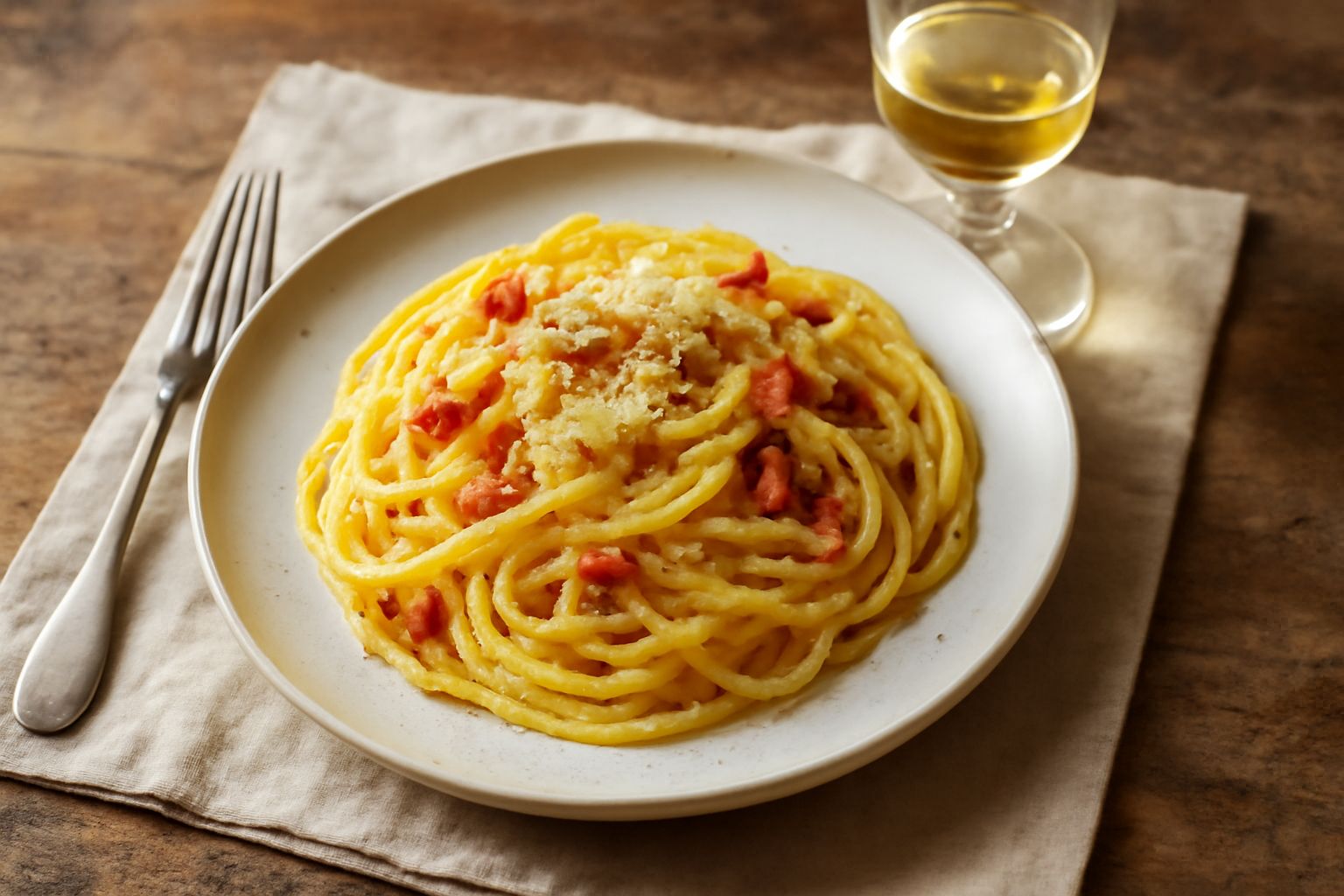 Bottiglia di grappa trasparente con riflessi chiari, vinacce rosse e bianche in un contenitore di vetro, bicchierino a tulipano con liquore ambrato-trasparente, tavolo di legno scuro, sfondo bloccato