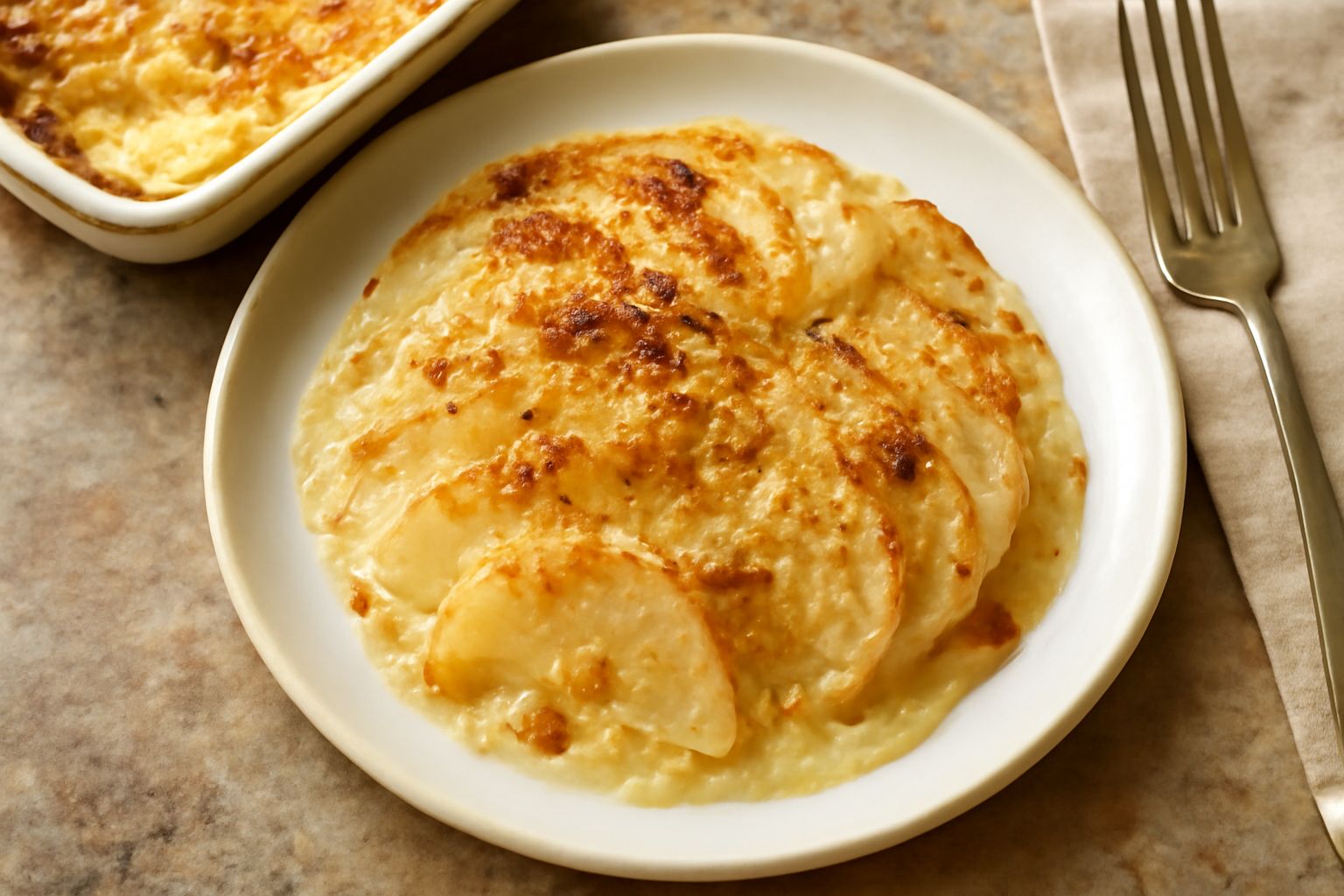 Gratin di pere in pirofila rettangolare bianca, superficie dorata e leggermente croccante, pere affettate visibili sotto una crosticina di pangrattato tostato, vapore che sale dal piatto, servito con 