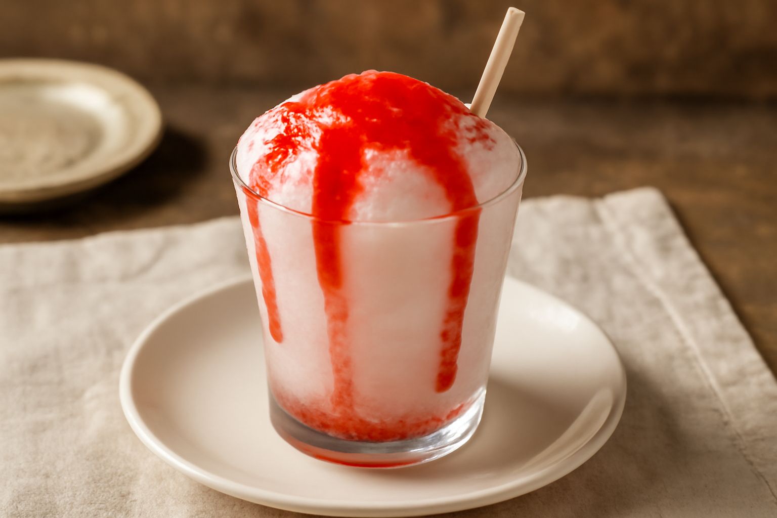 Grattachecca in bicchiere di plastica trasparente, colmo di ghiaccio cremoso bianco con sciroppo rosso di fragola e ciliegia, superficie brillante, tenuta da mano con cucchiaino in primo piano, tavolo