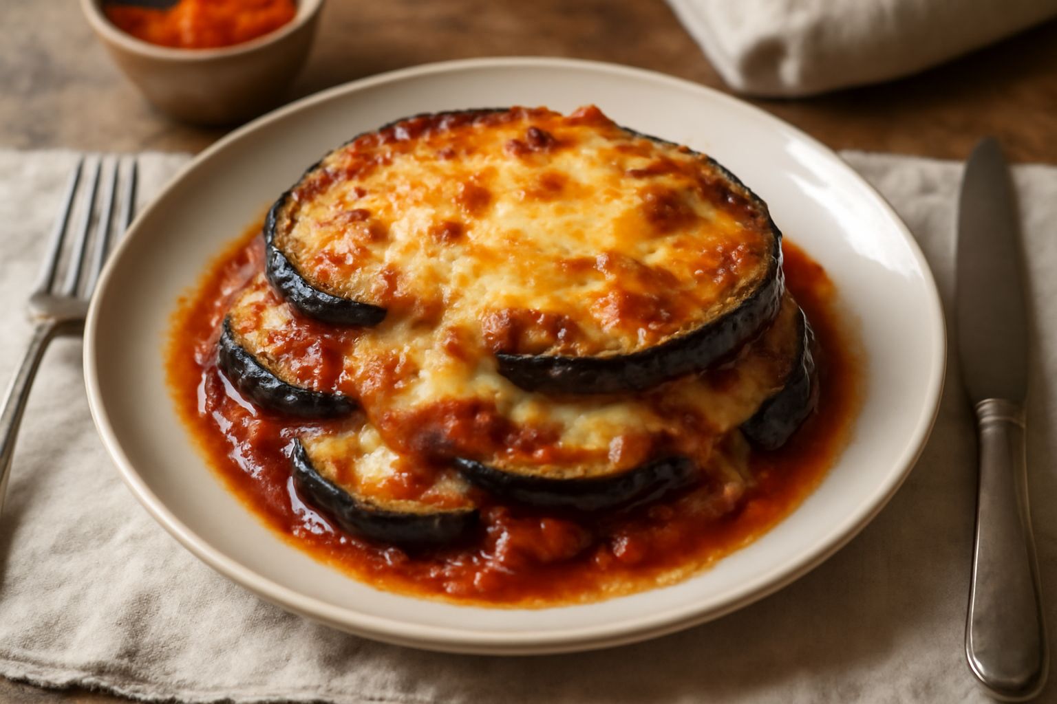 Grattacù appena sfornato in pirofila di ceramica: strati di melanzane viola scuro e cremosi ricoperti da formaggio filante dorato, salsa di pomodoro rossa che trasuda dai bordi, superficie croccante a