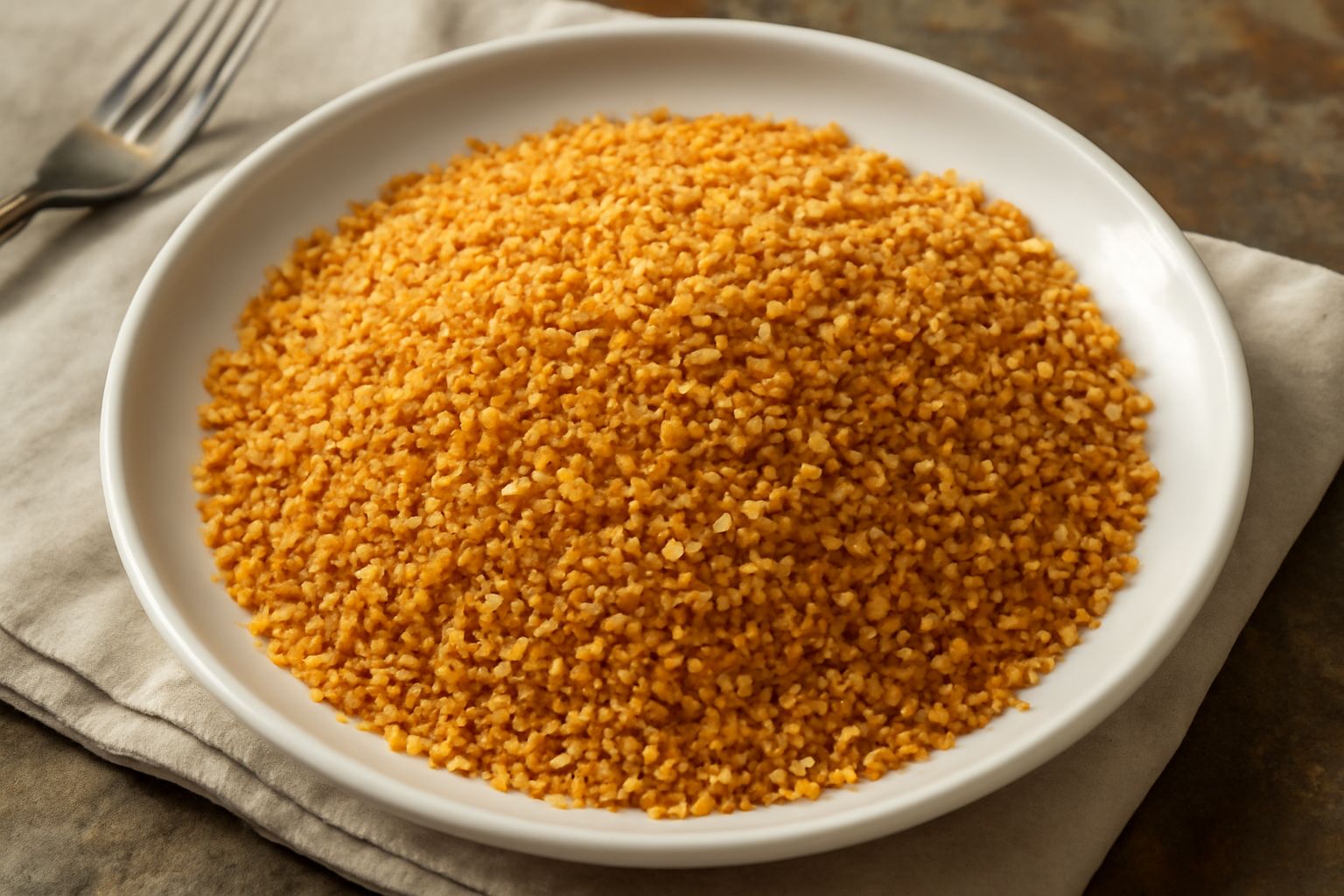 Grattuggiata di pane dorata e croccante in una ciotola di vetro, granuli uniformi di colore marrone chiaro, sparsi su un piano di cucina in legno con accanto una pagnotta di pane scuro.