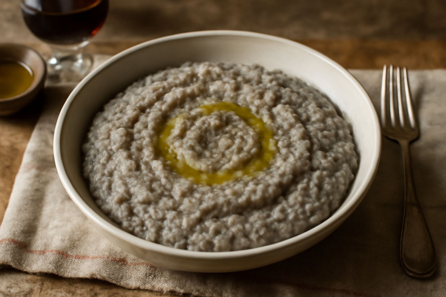 Piatto di grechetto in ciotola di ceramica bianca, grano saraceno grigiastro ben cotto e morbido, vapore ancora visibile, condito con olio d'oliva e pepe nero