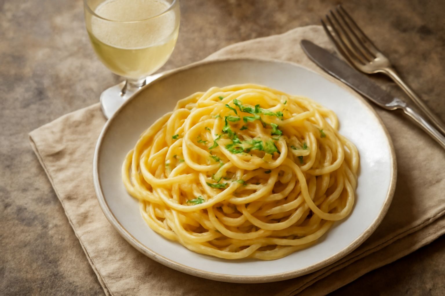 Calice di vino bianco trasparente e brillante con riflessi gialli-verdi, servito su tavolo di legno con uva bianca e limone fresco sullo sfondo