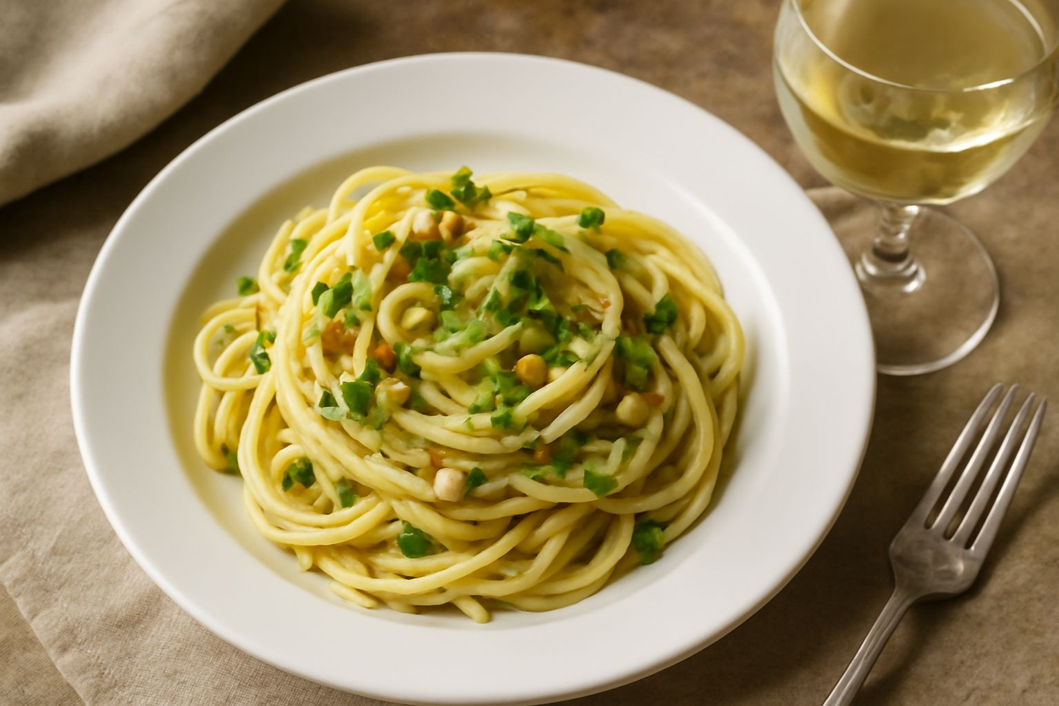 Bicchiere di vino Greco di Tufo dal colore giallo paglierino, con calice in cristallo trasparente su tavolo di legno, accanto a filetto di branzino fresco e limone tagliato a spicchi