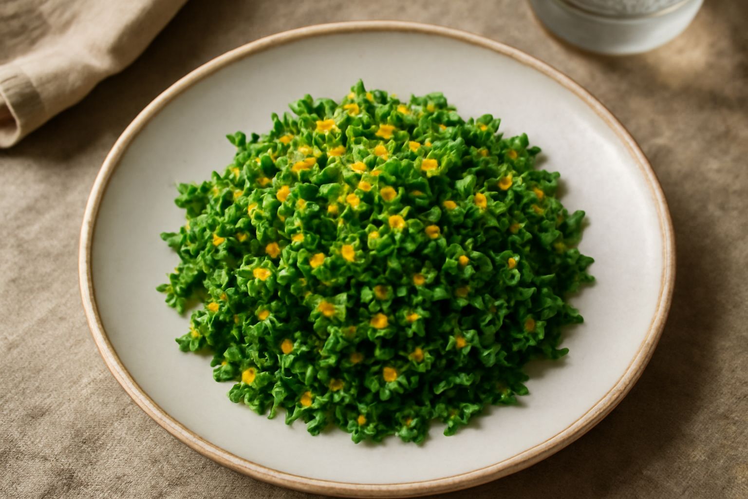 Gremolata in una piccola ciotola bianca: trito verde brillante di prezzemolo con puntini gialli di scorza di limone grattugiata, aglio tritato finemente, sfondo neutro, ingredienti freschi accanto