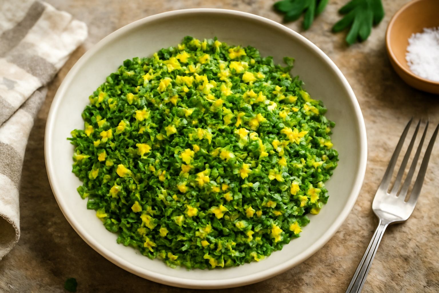 Gremolata toscana su piatto bianco: miscela verde e giallo pallido di buccia di limone tritata, prezzemolo fresco, aglio minuzzato e erbe aromatiche, con gocce di olio d'oliva
