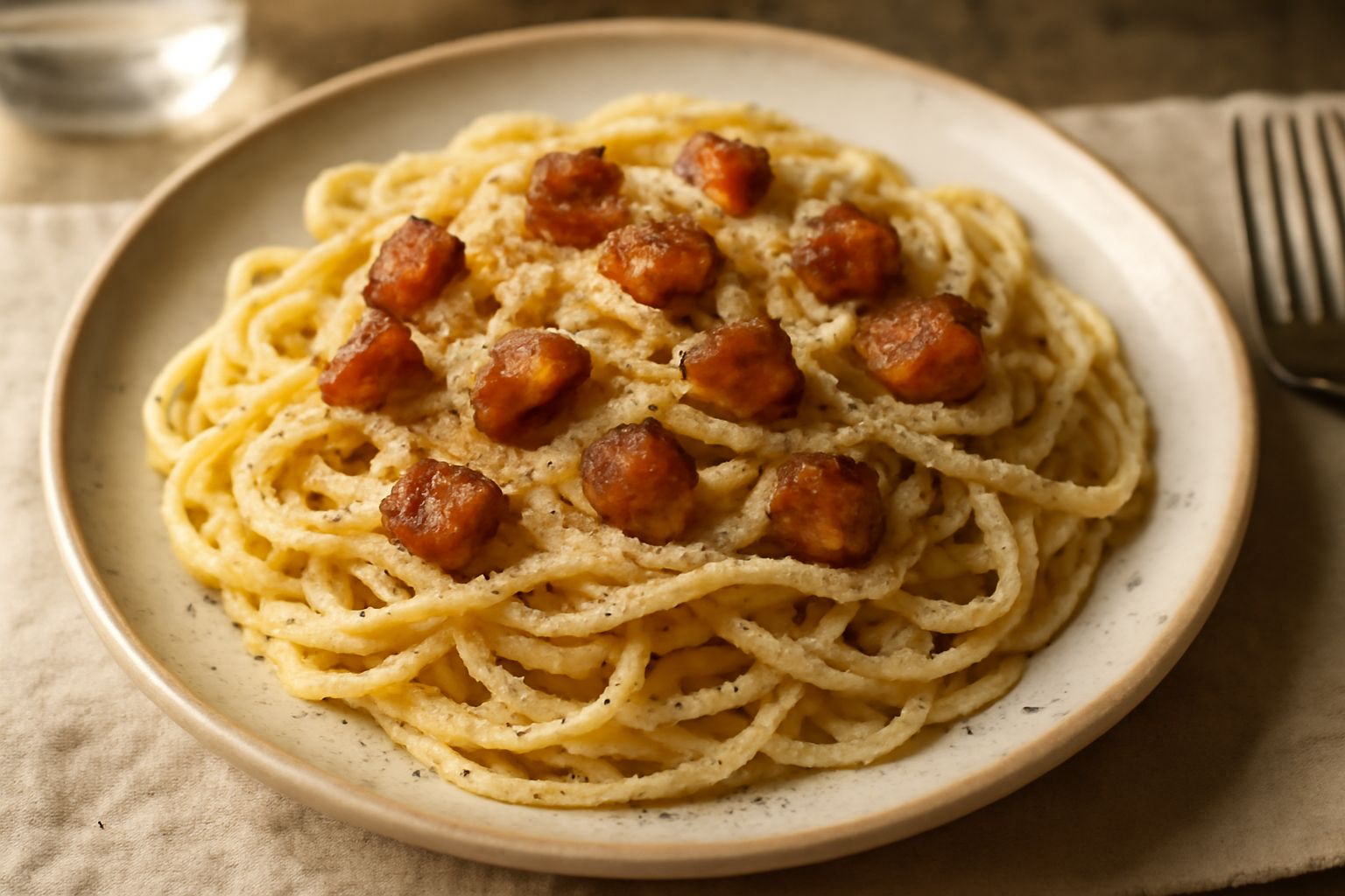 Piatto di gricia: spaghetti o tonnarelli bianchi e neri ricoperti di pepe, guanciale croccante dorato tagliato a cubetti, pecorino romano grattugiato bianco-giallognolo, tutto amalgamato in una cremos