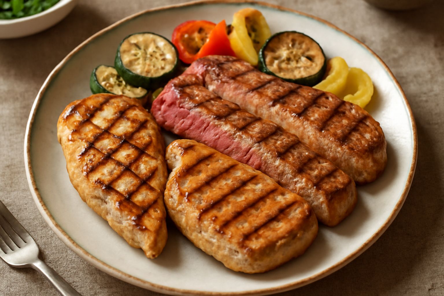 Grigliata mista su piatto bianco: bistecche di manzo dorate, braciole di maiale con bordi caramellati, petti di pollo affettati, contorno di verdure grigliate, decorata con rosmarino fresco
