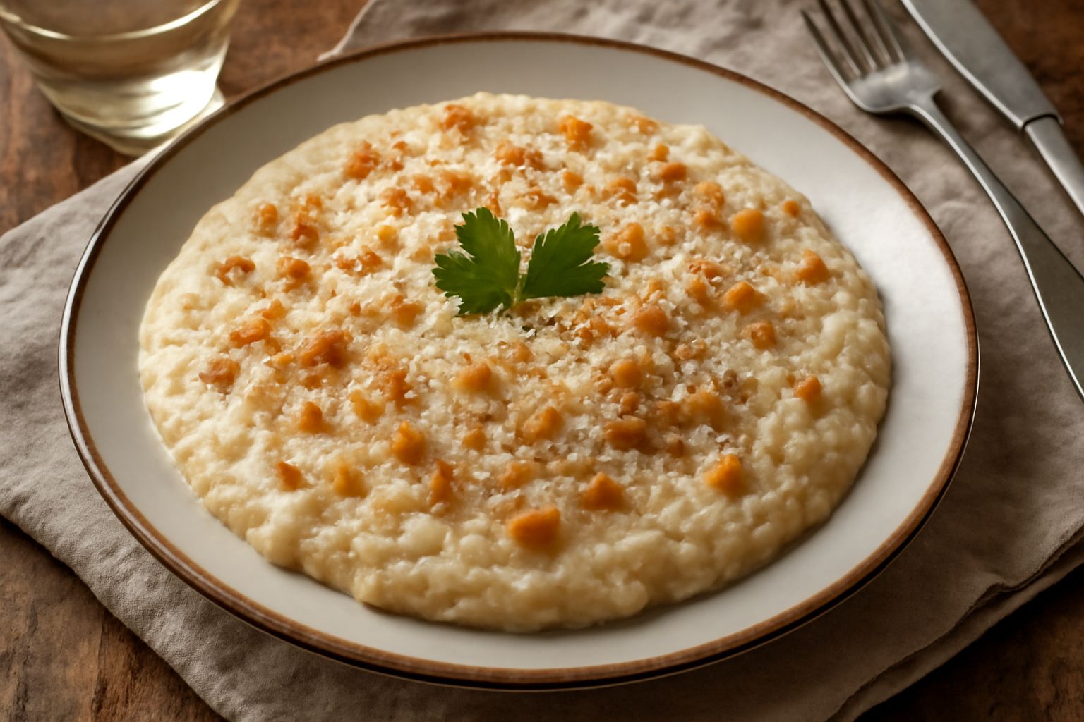 Piatto bianco con grignolino cremoso di colore beige, grattugiato sottile, con sbrisolature di pane dorato in superficie, formaggio grattugiato sparso, una noce di burro fuso, servito in brodo leggero