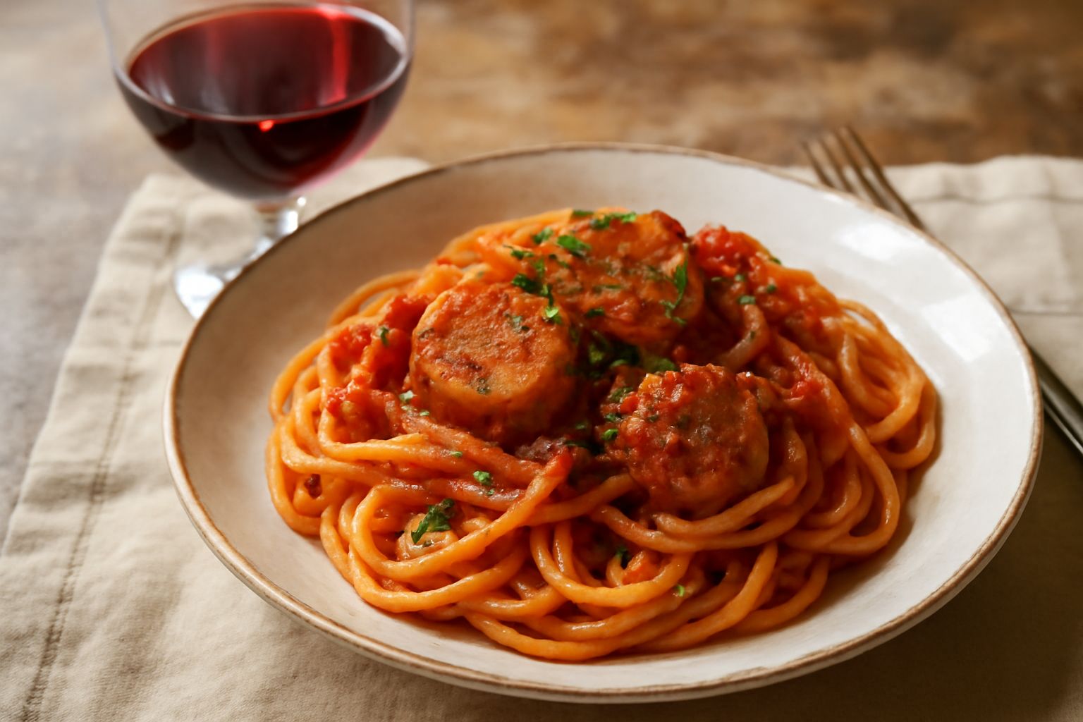 Bicchiere di vino rosso Grignolino dal colore rubino trasparente, con sfumature granate, accanto a piatto di pasta fresca e verdure di stagione su tavolo di legno naturale