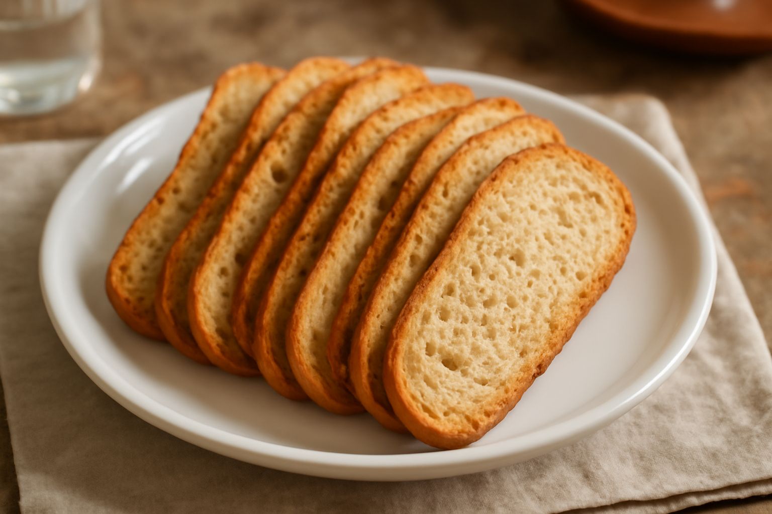 Fette di pane tostato color oro dorato, croccanti e compatte, disposte in piramide su un piatto bianco con sfondo neutro