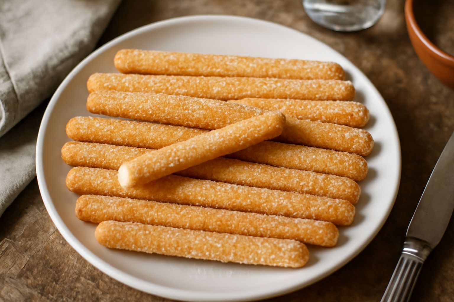 Grissini dolci dorati e croccanti, lunghi circa venti centimetri, disposti in piedi in una ciotola di porcellana bianca, con zucchero semolato che scintilla sulla superficie