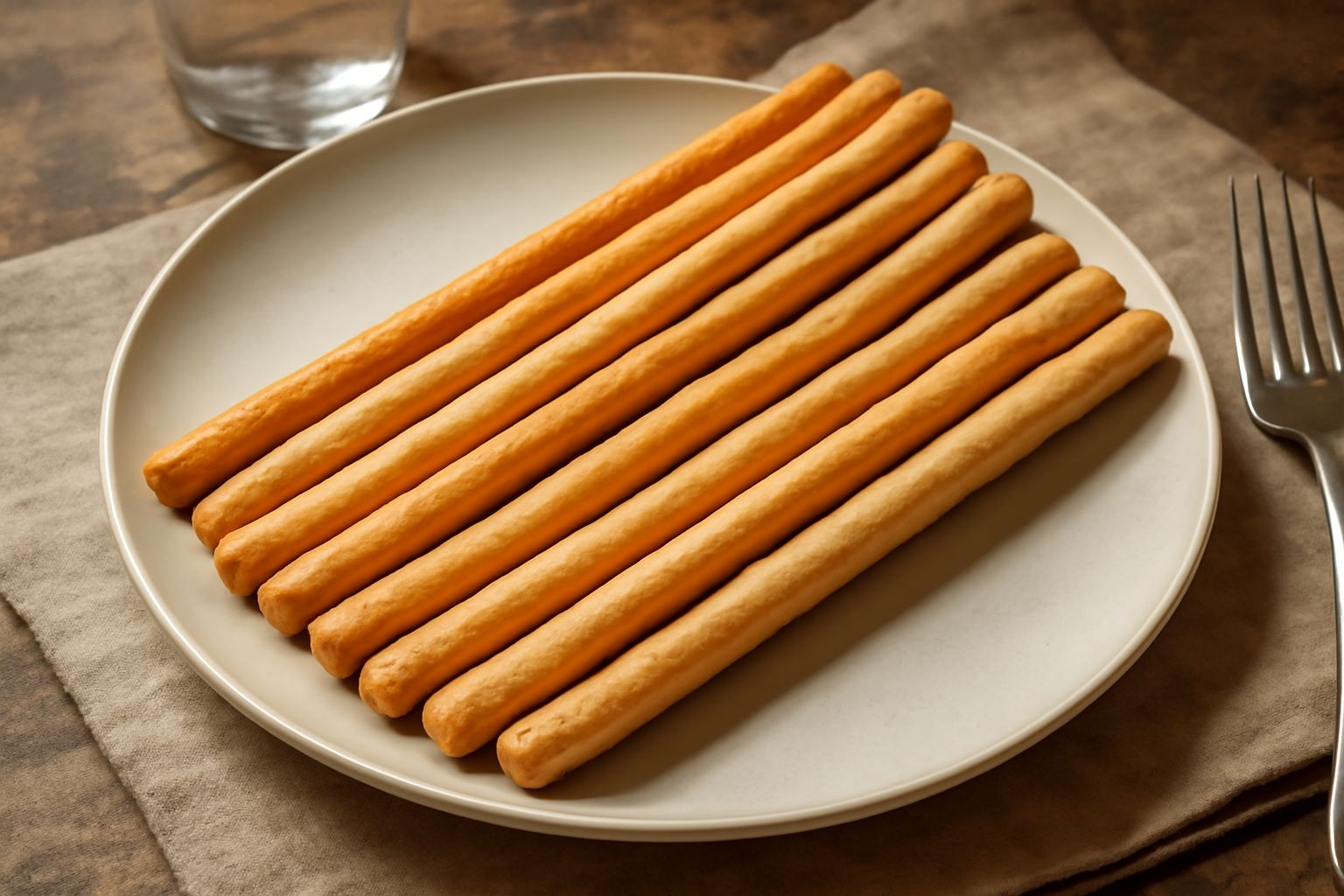Grissine appena sfornate color oro su tavolo di legno, lunghe e sottili, con superficie leggermente granulosa e croccante, accanto a un piatto bianco