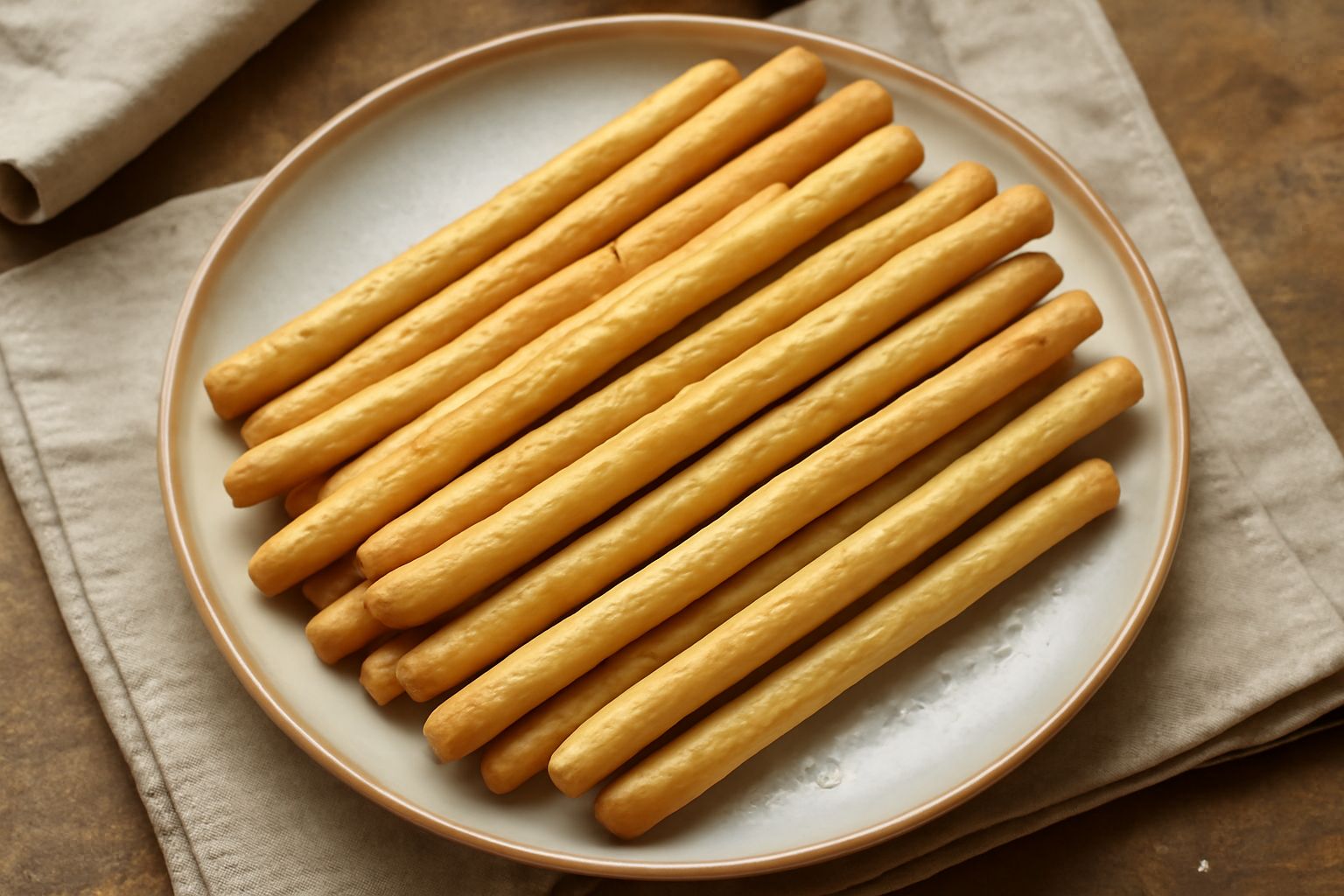 Grissini dorati e croccanti disposti in verticale in un cesto di vimini bianco, con sfumature marroni uniforme, accanto a un vasetto di sale grosso