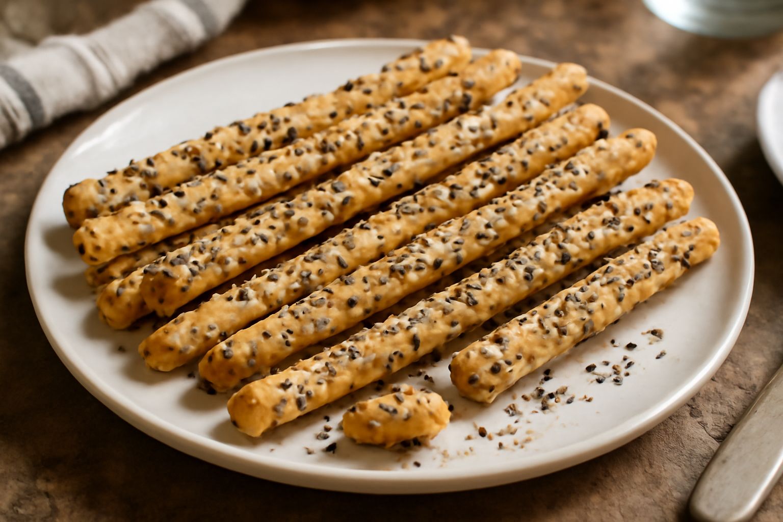 Grissini croccanti color oro ricoperto di semi di sesamo bianco, nero e di girasole, disposti verticalmente in un cestino di vimini su una tavola di legno scuro