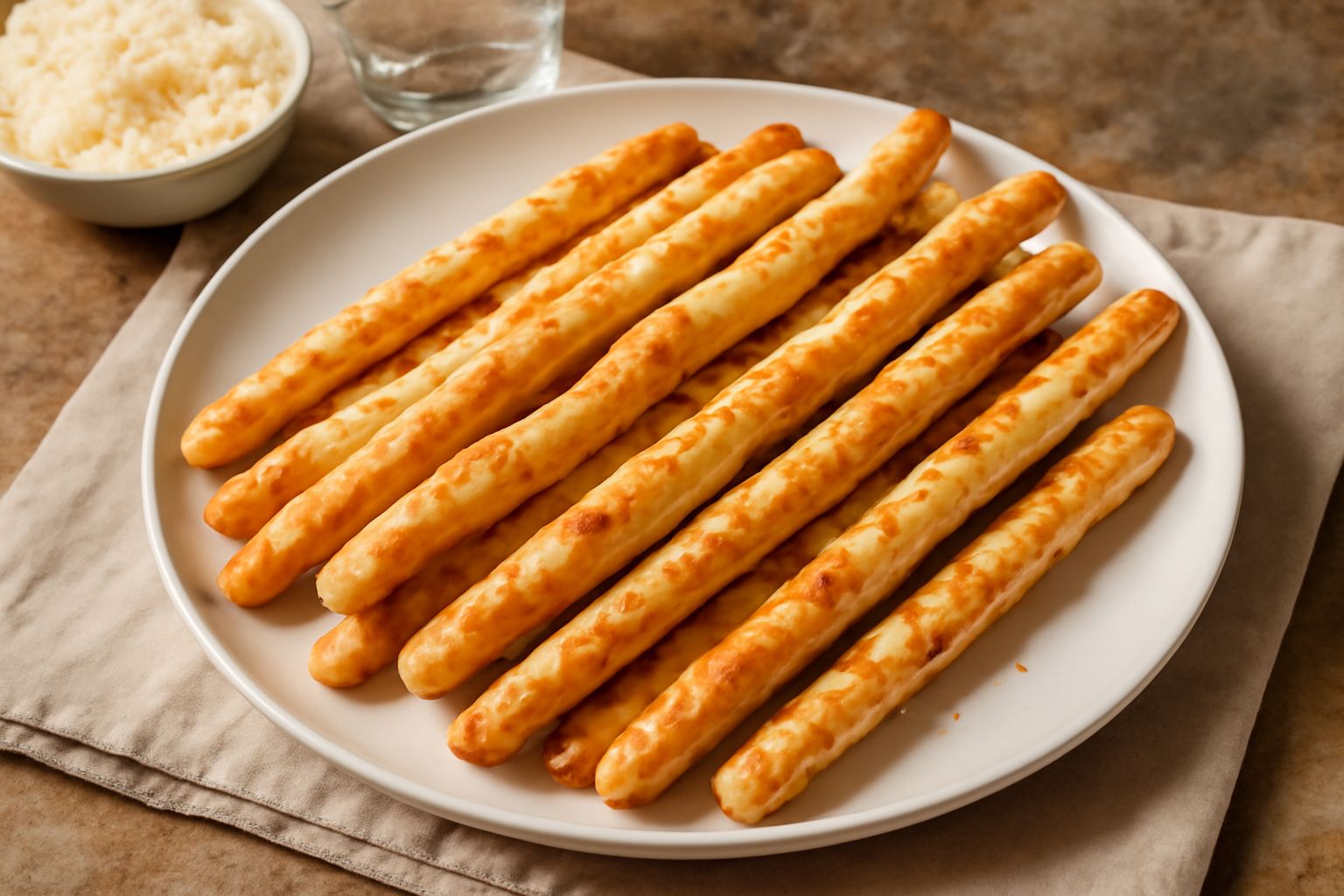 Una manciata di grissini dorati e croccanti al formaggio, lunghi e sottili, poggiati su un piatto di ceramica bianca con briciole dorate sparse attorno