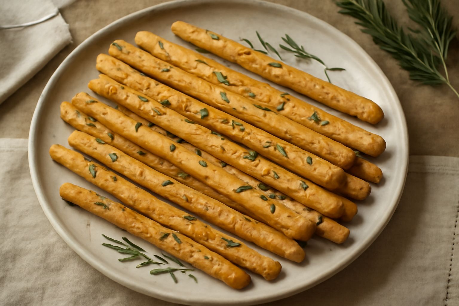 Grissini dorati e croccanti al rosmarino disposti in verticale su un piatto bianco, visibili i petali di rosmarino sulla superficie, con sfondo di legno chiaro