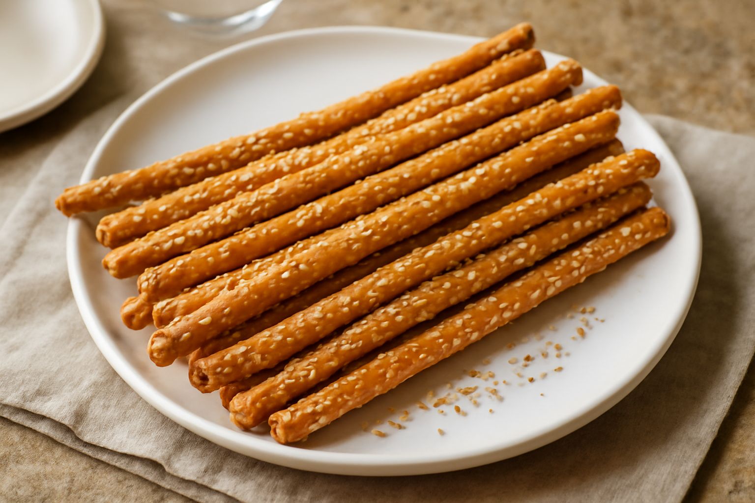 Grissini sottili e dorati, ricoperti fittamente di semi di sesamo bianco e marrone, disposti verticalmente in un cesto di pane con un canovaccio beige