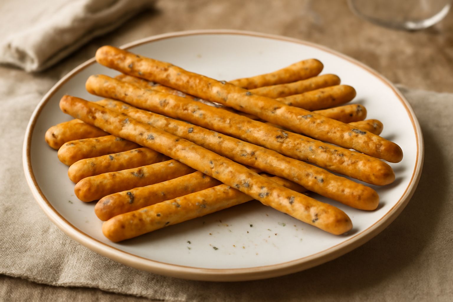 Grissini lunghi e dorati disposti verticalmente in un bicchiere di vetro, sparsi di cristalli di sale grosso e con il profumo visibile del tartufo nero grattugiato sulla superficie