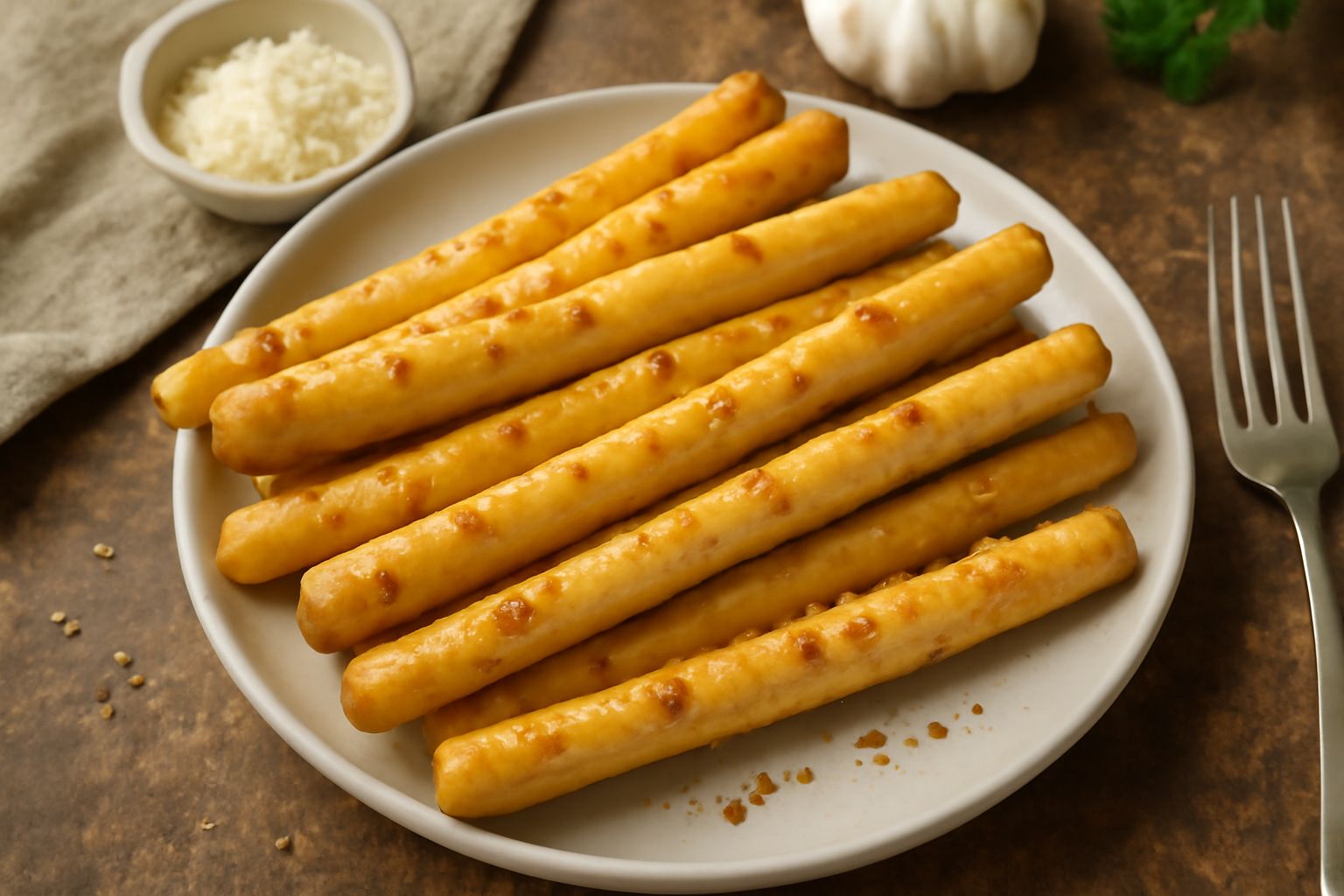 Grissini all'aglio color oro dorato, lunghi e sottili, disposti in fasci su un piatto di ceramica bianca con qualche spicchio di aglio fresco accanto