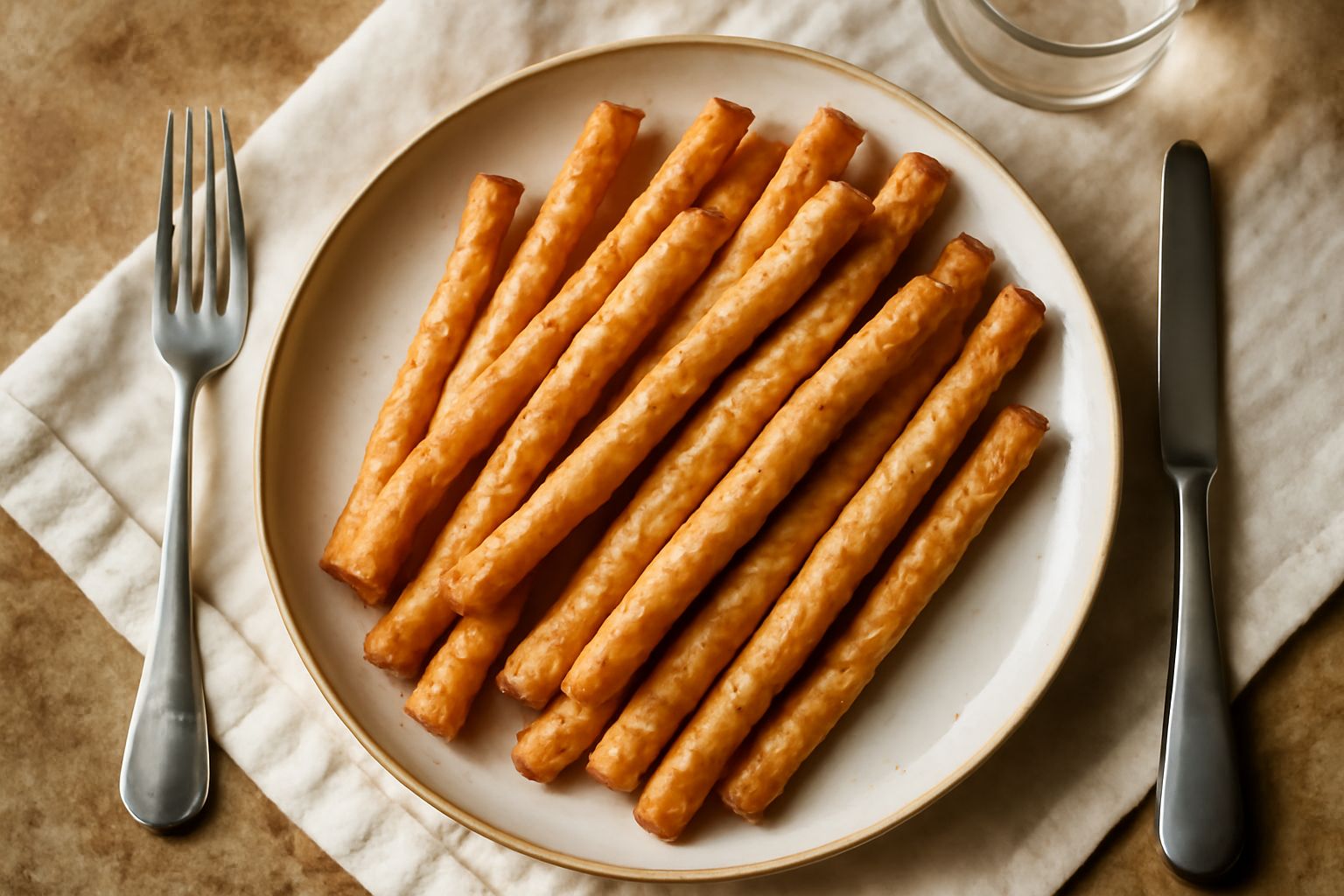Breadsticks dorati e croccanti disposti verticalmente in un bicchiere di vetro, leggermente ricoperti di sale grosso e semi di sesamo, con sfondo bianco