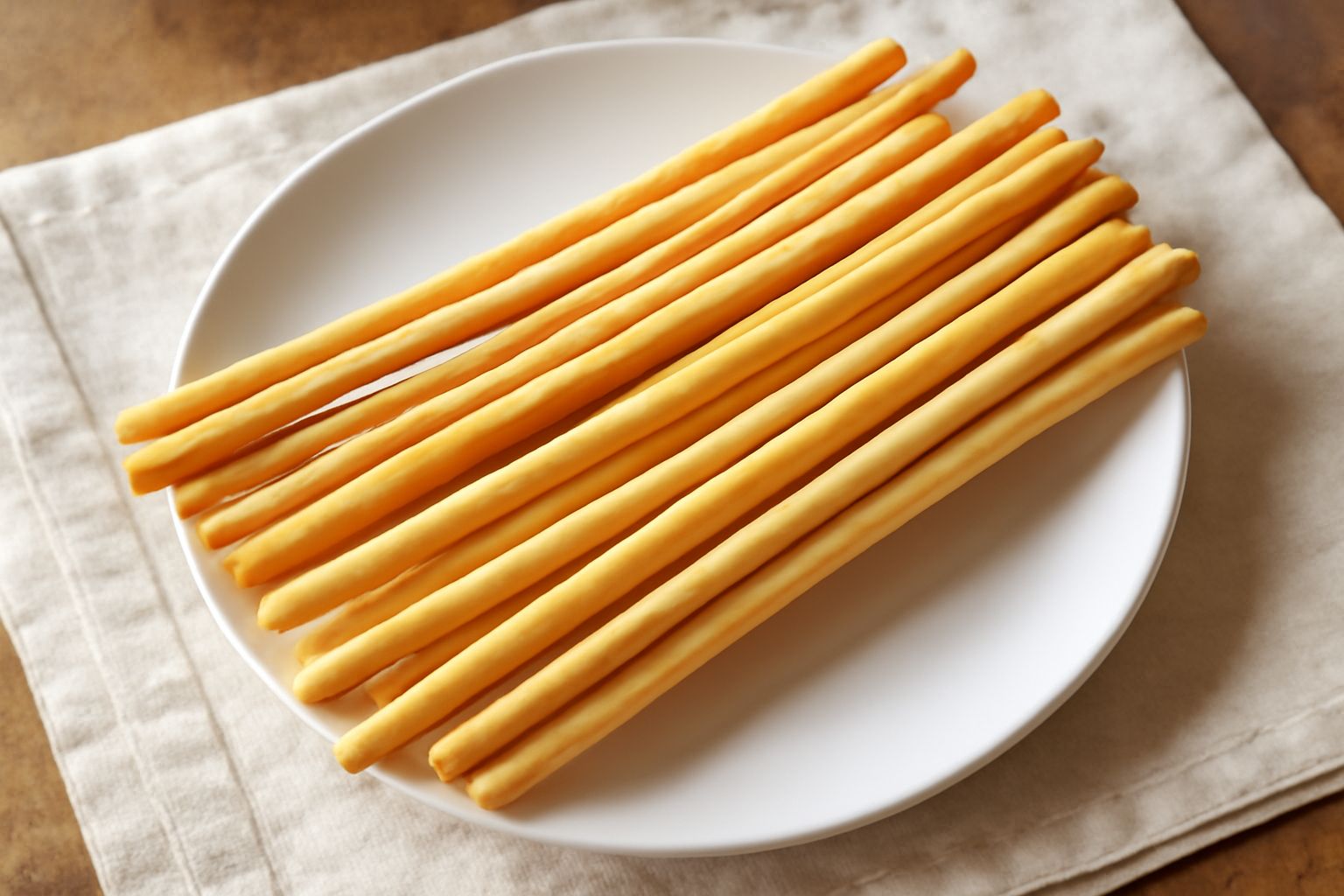 Grissini lunghi e sottili, dati, croccanti, disposti verticali in un bicchiere trasparente. Superficie dorata e leggermente salata, sfondo neutro grigio chiaro.