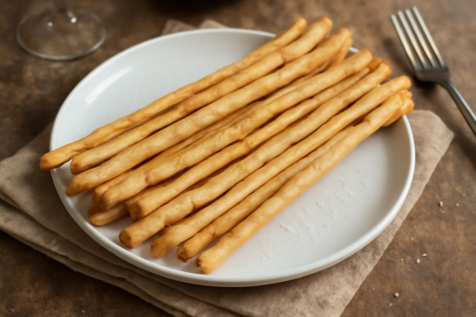 Grissini dorati di lunghezza variabile, sottili e croccanti, disposti verticali in un bicchiere di vetro trasparente su fondo bianco, con sfumature dorate sulla superficie