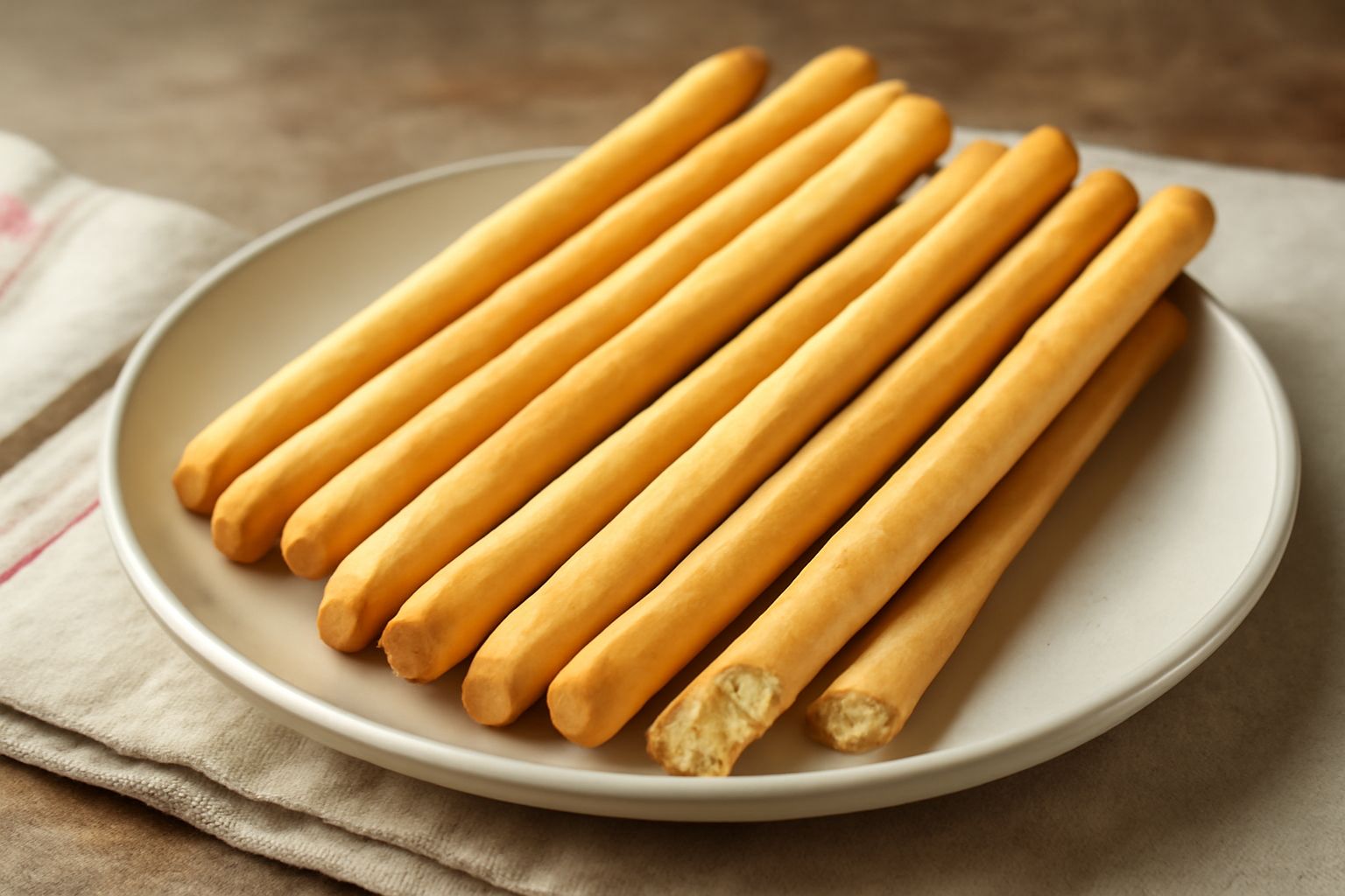 Grissini genovesi lunghi e sottili, color oro, disposti verticali in un bicchiere di vetro trasparente, su un tavolo bianco con pochi granelli di sale visibili in primo piano