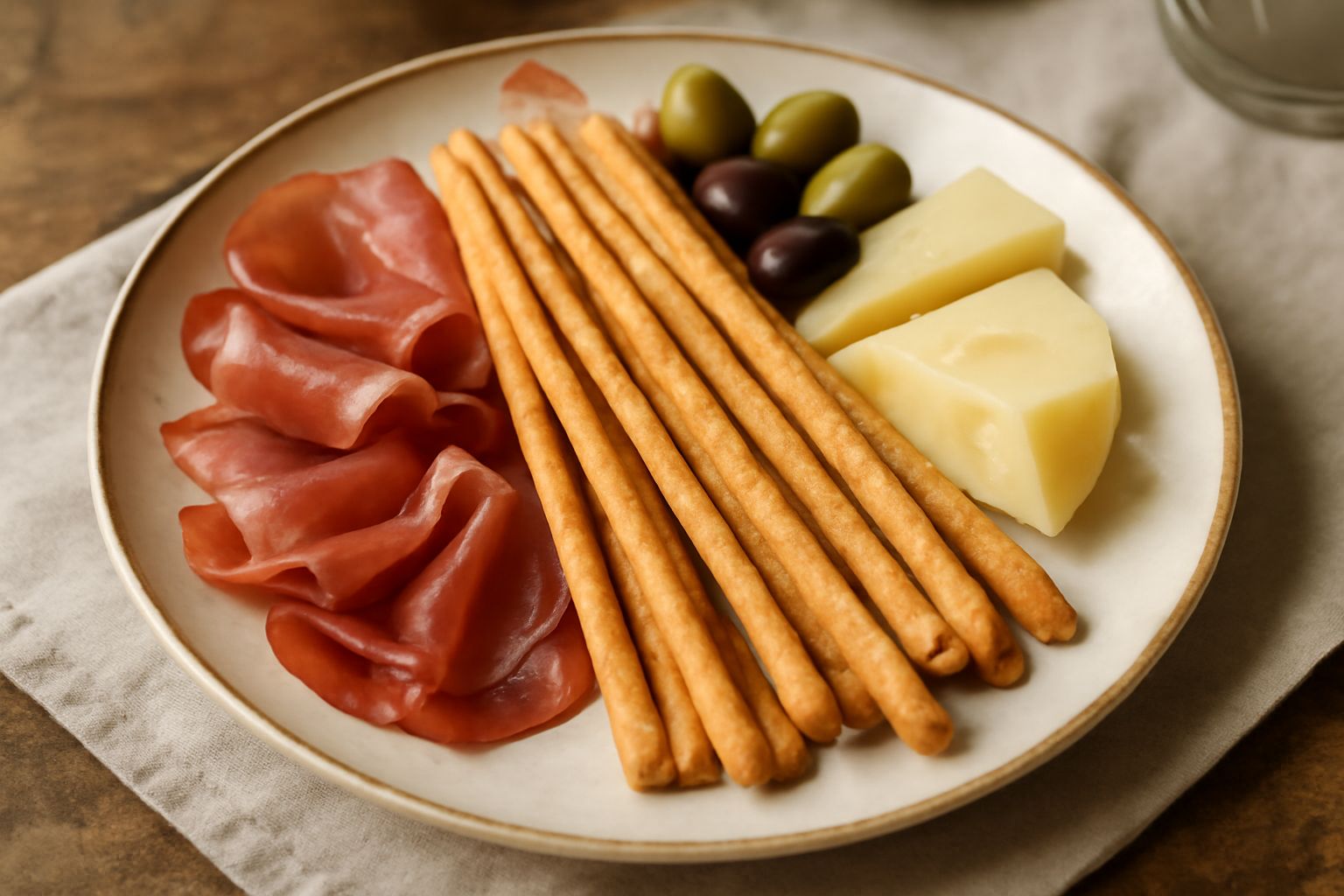 Grissini tirati dorati e croccanti disposti verticalmente in un bicchiere, bastoncini sottili e dritti con superficie leggermente salata e rugosa