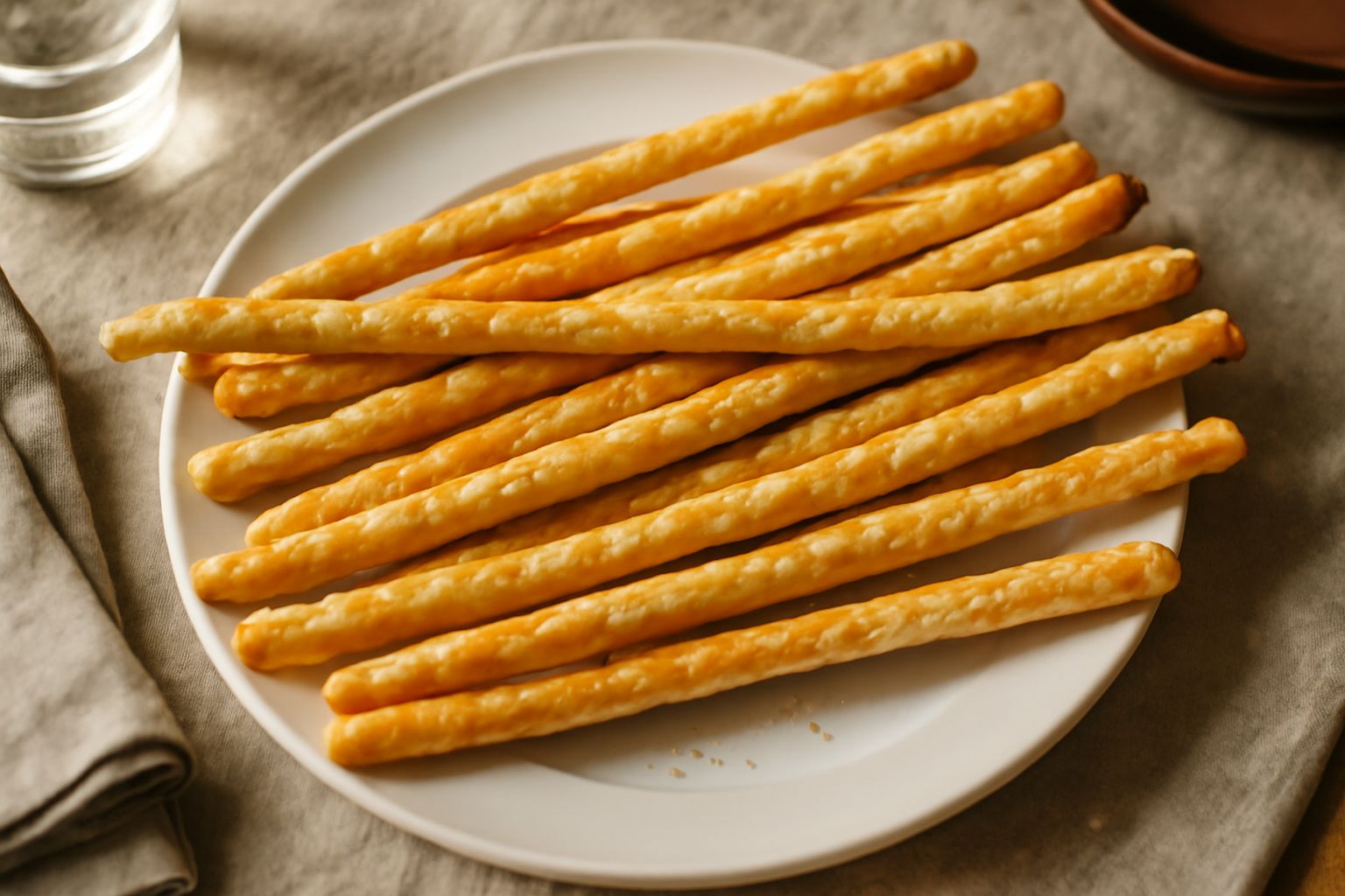 Bastoncini dorati e sottili di grissini tortonesi disposti verticalmente in un cesto di pane bianco, con leggere striature scure di sale grosso in superficie