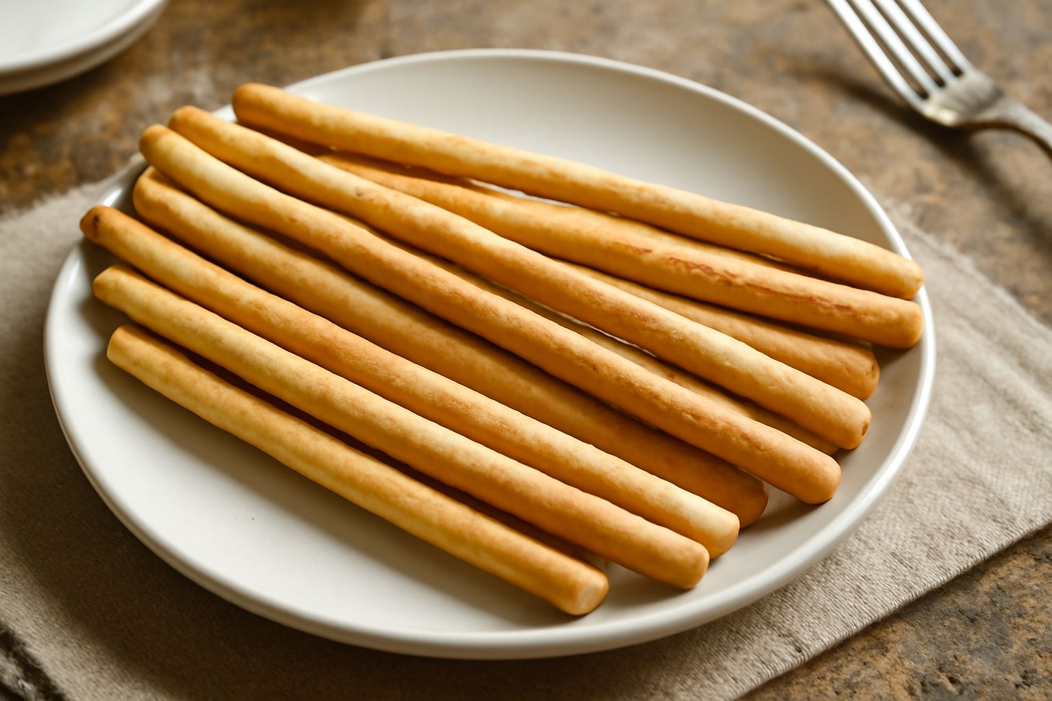 Grissini dorati e croccanti disposti in verticale in un cesto di pane, con una leggera doratura sulla superficie e sale grosso visibile qua e là