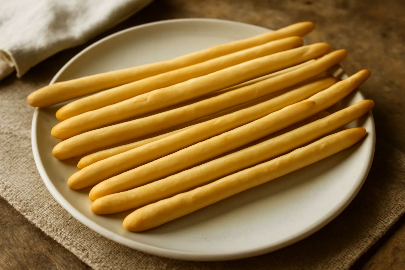 Grissini dorati e croccanti disposti verticalmente in un bicchiere di vetro, con superficie brillante dall'olio, sfondo bianco e neutro, luce naturale laterale