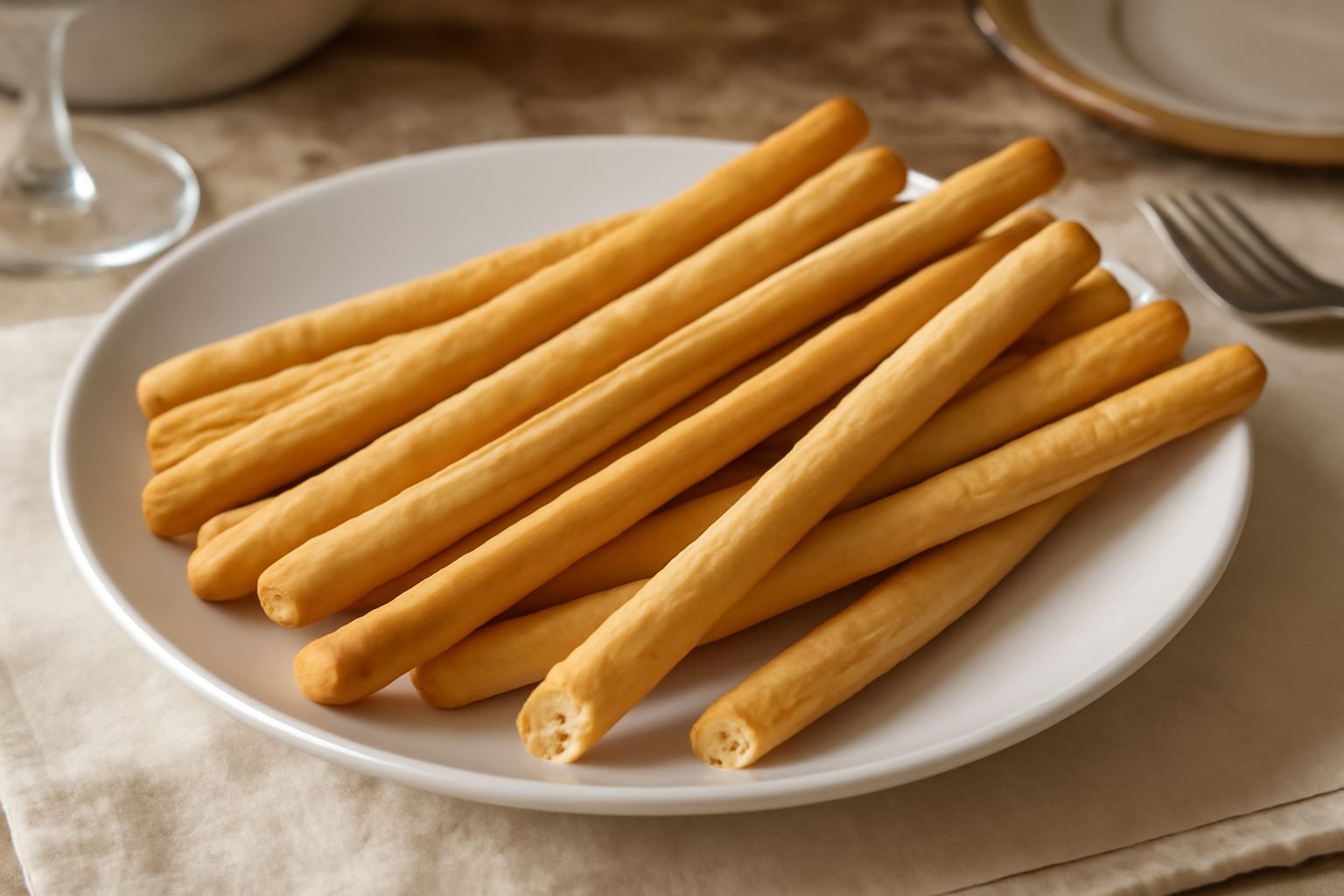 Grissini bresciani dorati e croccanti disposti in verticale su un piatto bianco, lunghi e sottili, con superficie rugosa e leggermente dorata, su sfondo di lino naturale