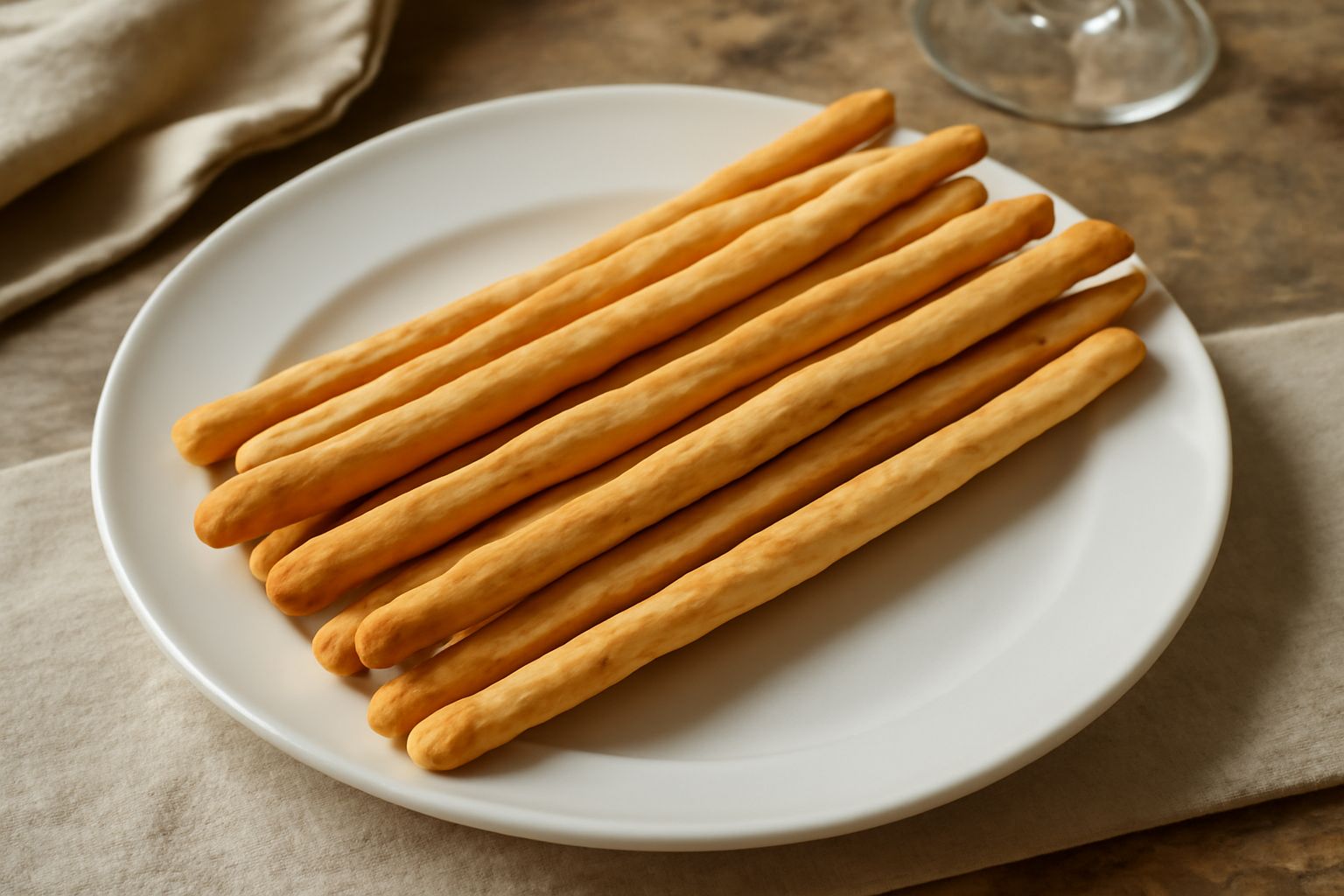 Grissini torinesi lunghi e sottili, dorati e croccanti, disposti in verticale in un cestino di pane rivestito di tela bianca, su tavolo in legno