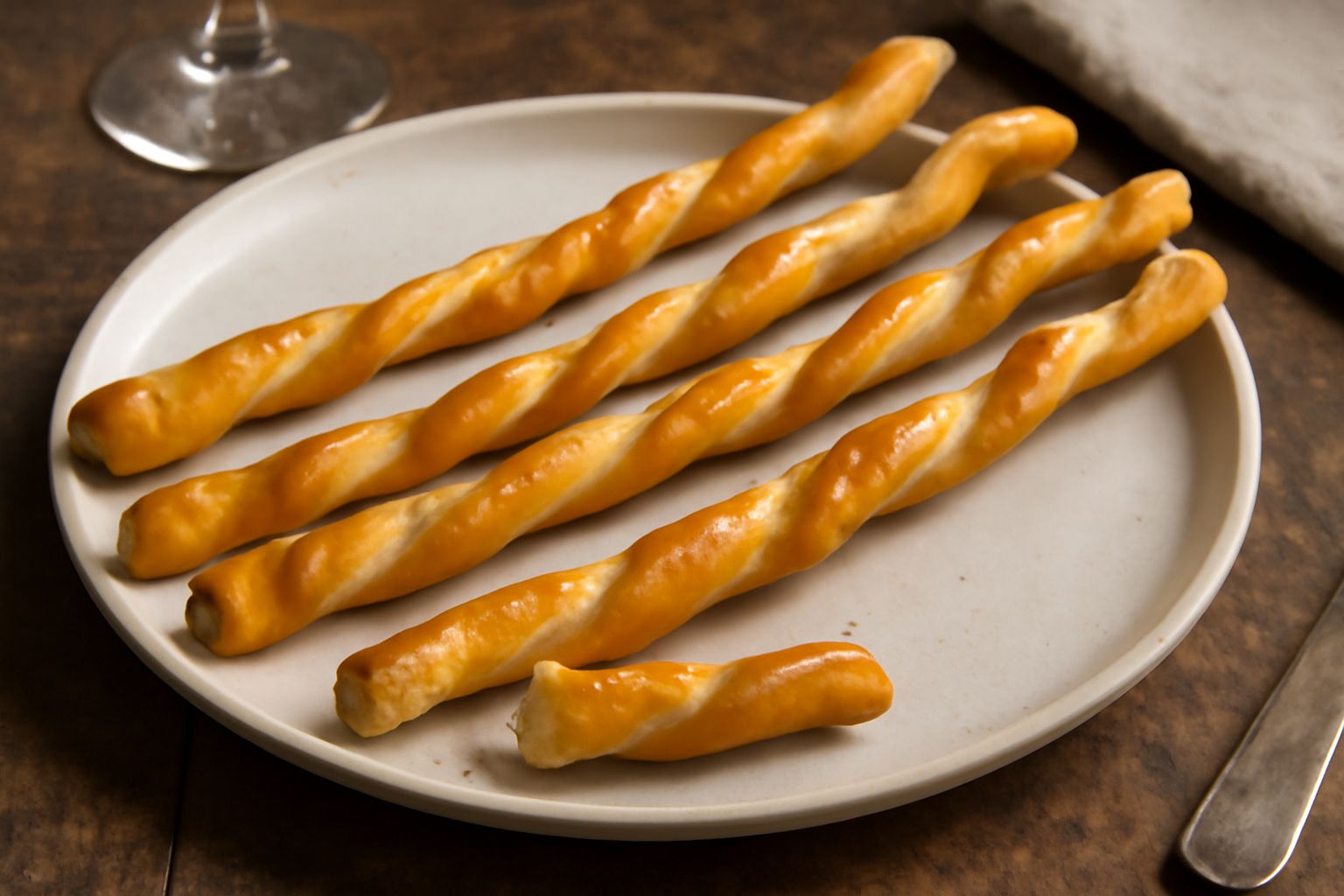 Grissini torti dorati e croccanti disposti in verticale in un cestino di pane, con superficie glicerata e granelli di sale grosso visibile, fondo sfumato beige