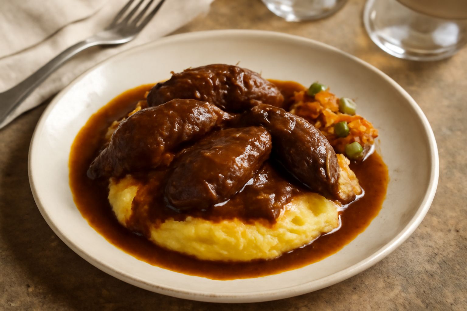 Tre grive intere cotte in umido, con salsa brunita, servite su polenta cremosa gialla in un piatto fondo bianco, contorno di verdure rosse e rosmarino fresco