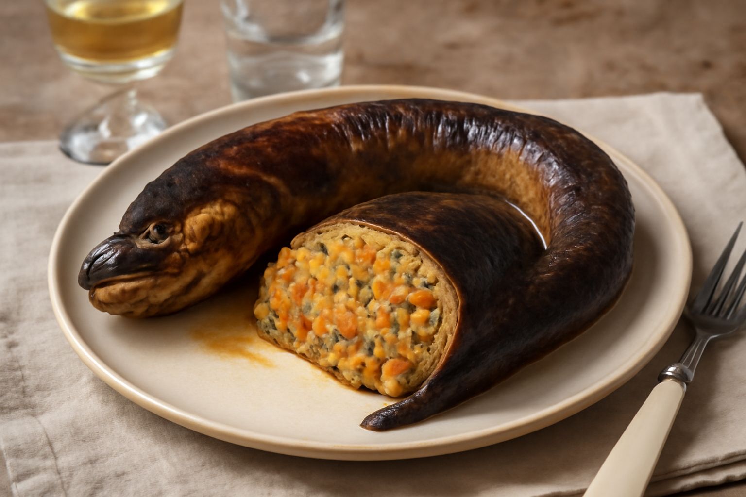 Grongo intero arrosto dorato su un piatto bianco, farcito di verdure verdi e gialle, circondato da limone fresco tagliato a spicchi e prezzemolo