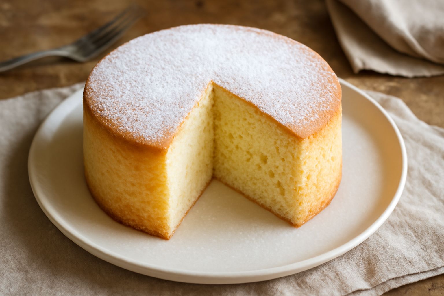 Un Gâteau de Savoie appena sfornato, dorato in superficie, con una texture visibilmente soffice e alveolata, riposizionato su una griglia di raffreddamento con una leggera spolverata di zucchero a vel