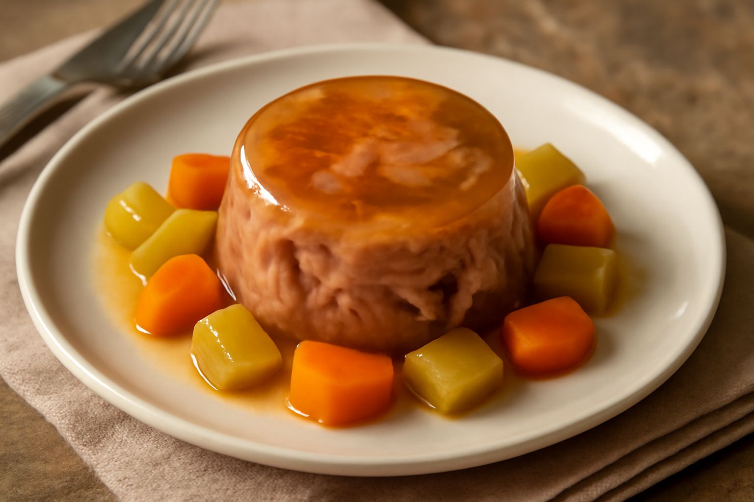 Un piatto bianco con fette di guancia di maiale rosa pallido circondate da gelatina trasparente e lievemente ambrata, guarnito con sedano e carota cotta, servito a temperatura ambiente