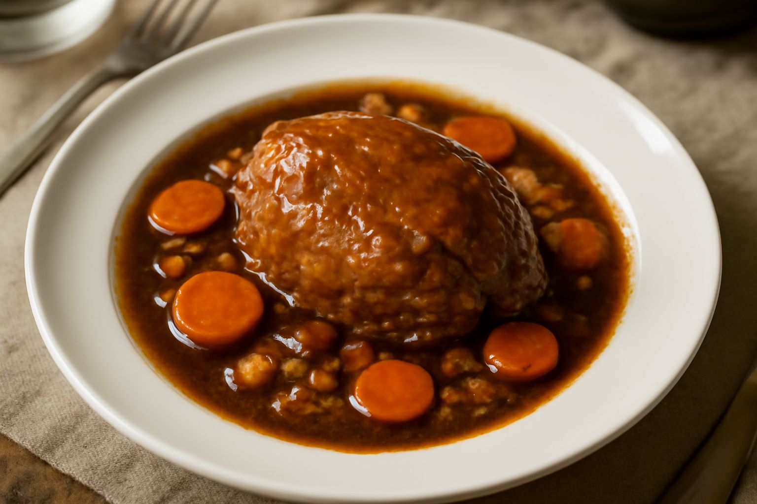 Piatto bianco con guancia di maiale tenera in brodo scuro, circondato da pezzi di carota, sedano e cipolla, vapore ancora visibile sulla superficie della salsa densa e profumata